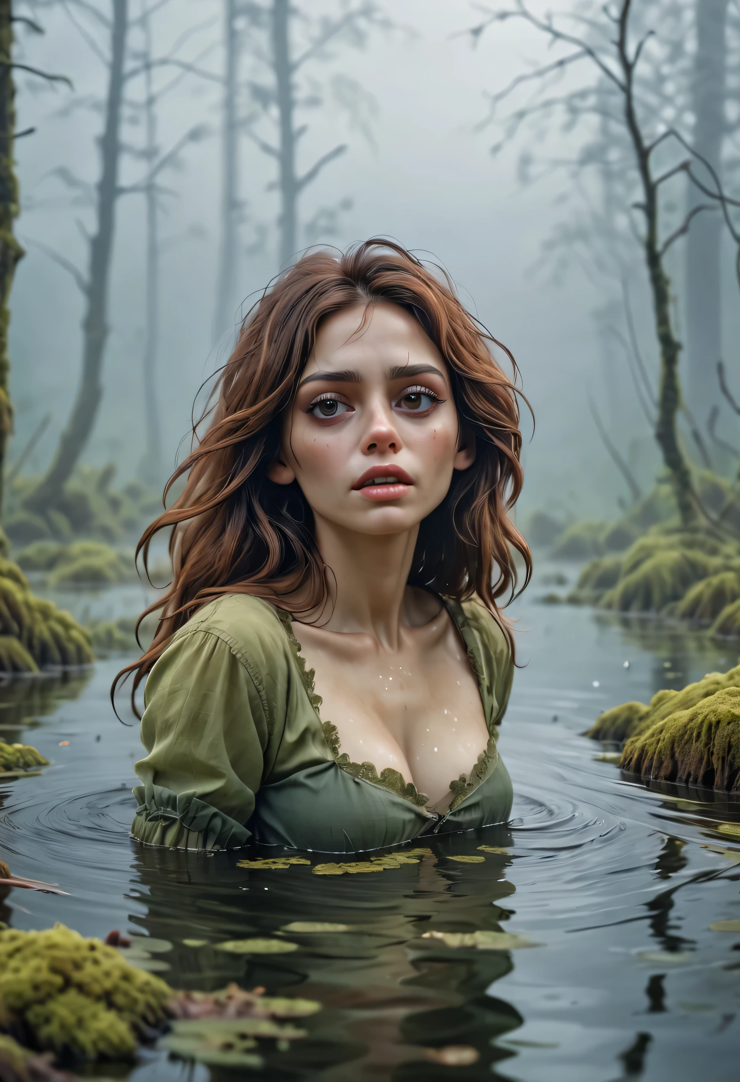 A hot girl, drown in a swamp in a chest,illustartion, (Best Quality,4k,8K,hight resolution,Masterpiece:1.2),Ultra-detailed,(Realistic,photoRealistic,photo-Realistic:1.37),Horror,dark and gloomy atmosphere with dramatic lighting, Vivid colors, Foggy surroundings, the trees, covered with moss, detailed facial expression, long wavy hair floats in the water, Reflections on the surface of the water, Eerie fog. Jeans