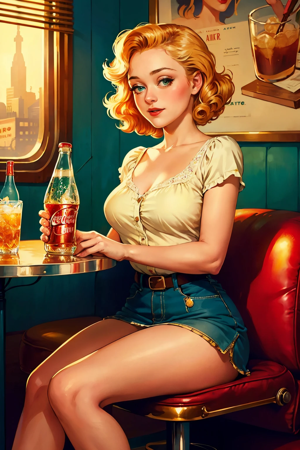 In this vintage-inspired scene, an enchanting image of Dakota Fanning emerges, captured in a moment of playful relaxation. Wearing a tantalizingly short mini-skirt and her hair styled in loose curls, she sits at a retro diner table. With a sultry expression, she takes a long sip from a classic glass bottle of Coke, its golden liquid reflecting the warm glow of the nearby pin-up art adorning the walls. The artistry of the scene is magnified in 4k UHD, every detail crisp and vibrant. The air is filled with the delightful, nostalgic smell of old-fashioned soda, and a soft