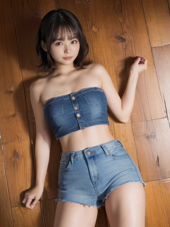 (((floorに寝る)))((extremely exposed))(Very detailed image quality)極realistic skin texture、extremely detailed face(short bob、hair behind ears、Beautiful moist and manageable hair、smooth hair)((bright smile))、stare(Sexy 15 year old girl、small face、extremely beautiful face、natural makeup)(fair skin)(Glitter eyes)smooth skin、realistic skin texture ((interior old western building、古いfloor、Table Set、large round rug))(((Denim Tube Top、I can see your belly button)))((very short shorts)))) ((floor、floorに寝る:1、Super bold thighs visible))、Extremely beautiful armpits、cross your legs、round beautiful breasts、beautiful cleavage、thin waist、constriction:1.3、big ass、Movie Writing、reflex board、face light、One hand is raised(((Full body shot from above)))((floorに頭をつける))