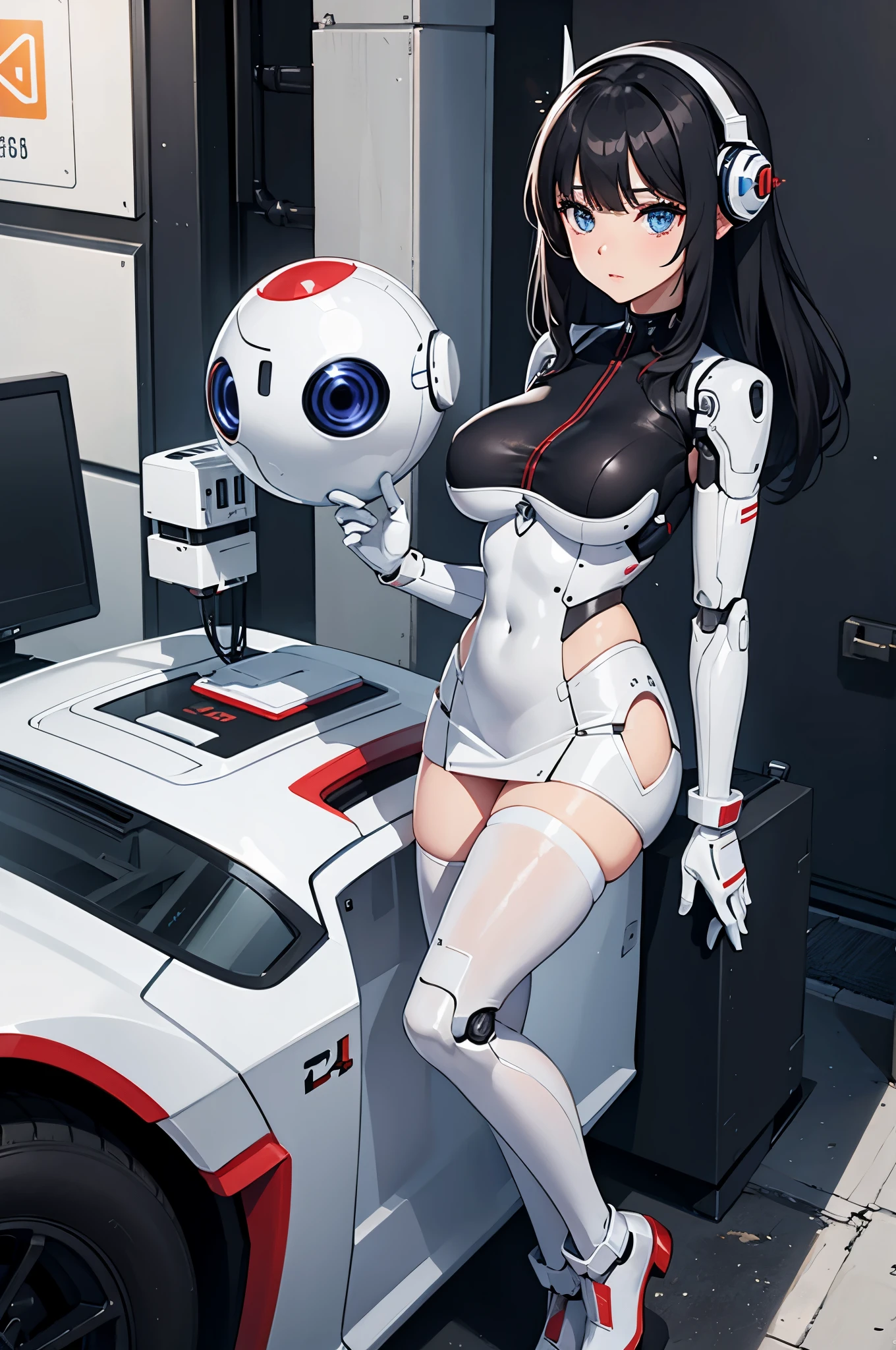 masterpiece, best quality, extremely detailed, (8K, 4K, Best Quality, hight resolution, 超A high resolution:1.1), Japaese android Girl,Plump , announcer,control panels,android,Droid,Mechanical Hand, Robot arms and legs, Black Robot Parts,Black hair,Mechanical body,Blunt bangs,perfect mechanical abdomen,White robotics parts,perfect robot woman,future laboratory,cyber pank,charging spot,laboratory,long tube,thick cable connected her neck,ceramic body ,perfect mechanical body, white robot body,lod antenna,mechanical ear cover,android,robot humanoid,black sponge joints,The removable cover is in the groin,The connection port is in the groin,opened chest panel,access panel on the chest,opened breast panel,perfect mechanical breast,white machine body,white robot body,white ceramic breast,perfect plastic breast,She has repaired,assembly plant,miniskirt,leather boots