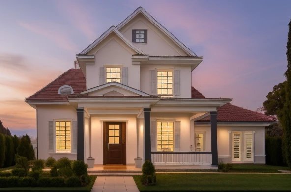 RAW photo,Masterpiece, high quality, best quality, authentic, super detail, exterior, one villa style Neoclassic, (Modern minimalist lines:1.2),(white wall:1.1), railing glass, glass windows,trees, grass, 8k uhd, dslr, soft lighting, high quality, film grain, Fujifilm XT3