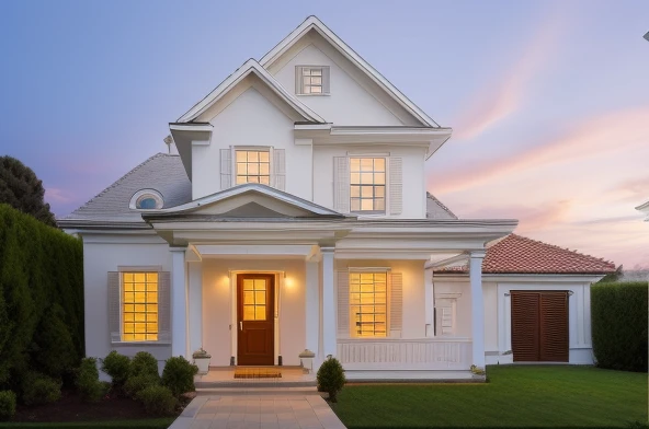 RAW photo,Masterpiece, high quality, best quality, authentic, super detail, exterior, one villa style Neoclassic, (Modern minimalist lines:1.2),(white wall:1.1), railing glass, glass windows,trees, grass, 8k uhd, dslr, soft lighting, high quality, film grain, Fujifilm XT3