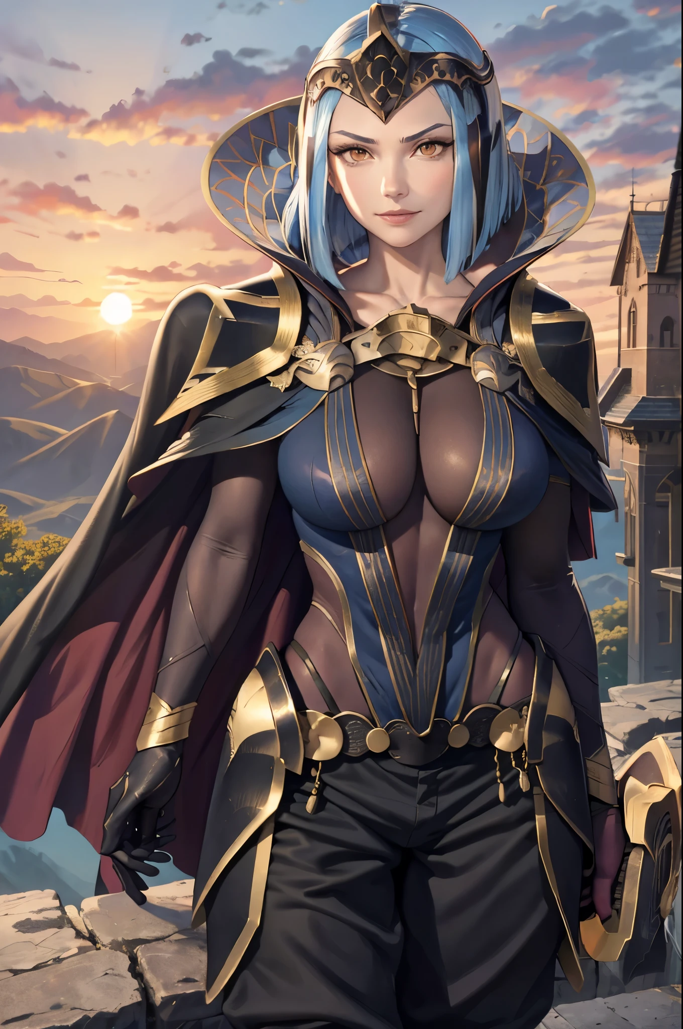 masterpiece, best quality, arete, feather, helmet, cape, leotard, cleavage, pants, huge breasts, upper body, looking at viewer, furrowed brow, smile, red sky, clouds, dusk, castle