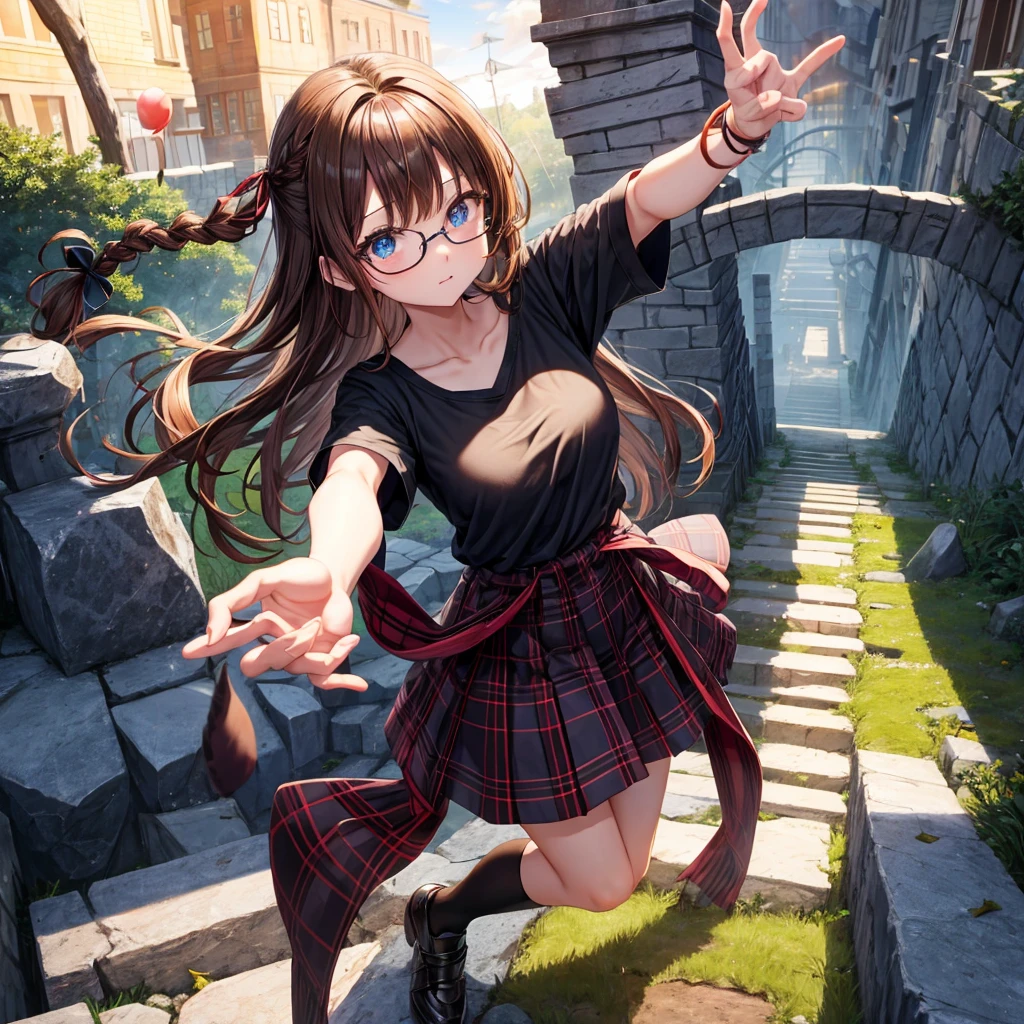 black brown hair、Red-blonde、blue eyes、Braid、one good looking girl、solo、anime、Plaid miniskirt、camisole、black t-shirt、Tilting your face、Doing the ribbon、Ribbon at waist、sunset sky、stone stairs、tunnel、Fallen leaves、wearing glasses、Burning、Light and shadow、maze、balloon、monster castle、lanthanum、corridor、Black socks、mossy stone