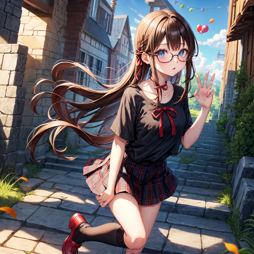 black brown hair、Red-blonde、blue eyes、Braid、one good looking girl、solo、anime、Plaid miniskirt、camisole、black t-shirt、Tilting your face、Doing the ribbon、Ribbon at waist、sunset sky、stone stairs、tunnel、Fallen leaves、wearing glasses、Burning、Light and shadow、maze、balloon、monster castle、lanthanum、corridor、Black socks、mossy stone