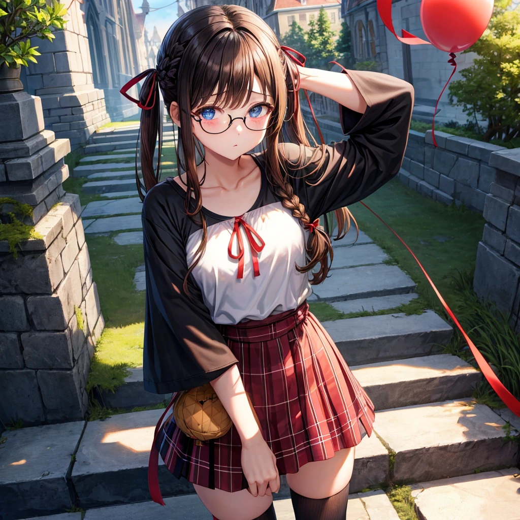 black brown hair、Red-blonde、blue eyes、Braid、one good looking girl、solo、anime、Plaid miniskirt、camisole、black t-shirt、Tilting your face、Doing the ribbon、Ribbon at waist、sunset sky、stone stairs、tunnel、Fallen leaves、wearing glasses、Burning、Light and shadow、maze、balloon、monster castle、lanthanum、corridor、Black socks、mossy stone
