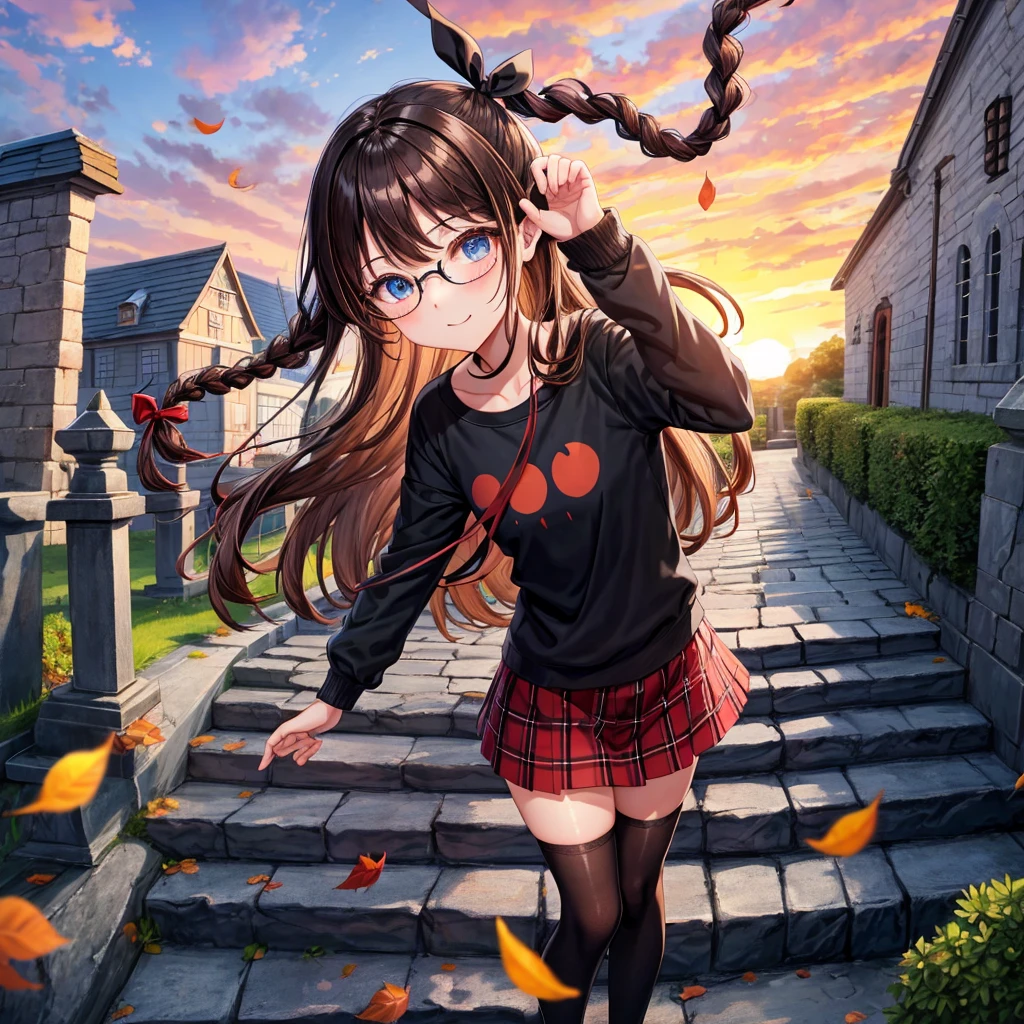 black brown hair、Red-blonde、blue eyes、Braid、one good looking girl、solo、anime、Plaid miniskirt、camisole、black t-shirt、Tilting your face、Doing the ribbon、Ribbon at waist、sunset sky、stone stairs、tunnel、Fallen leaves、wearing glasses、Burning、Light and shadow、maze、balloon、monster castle、lanthanum、corridor、Black socks、mossy stone