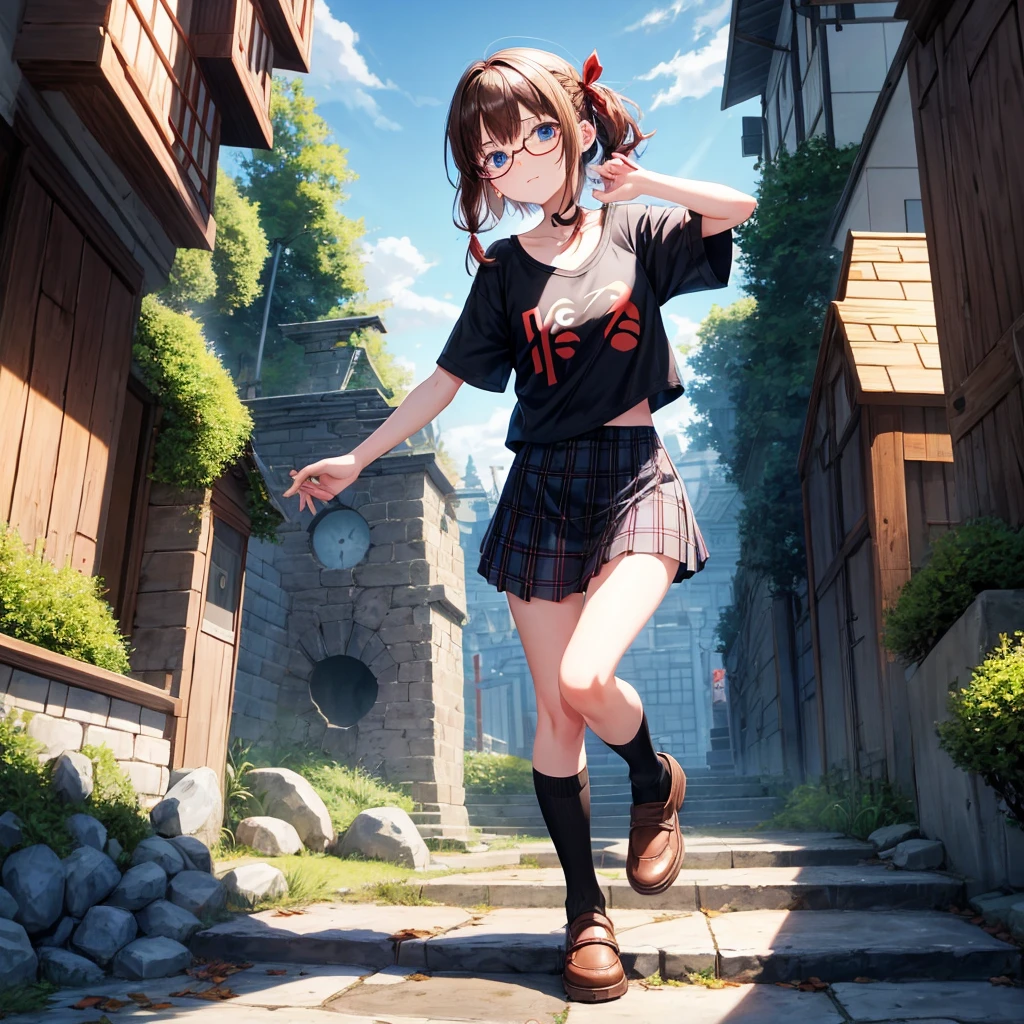 black brown hair、Red-blonde、blue eyes、Braid、one good looking girl、solo、anime、Plaid miniskirt、camisole、black t-shirt、Tilting your face、Doing the ribbon、Ribbon at waist、sunset sky、stone stairs、tunnel、Fallen leaves、wearing glasses、Burning、Light and shadow、maze、balloon、monster castle、lanthanum、corridor、Black socks、mossy stone