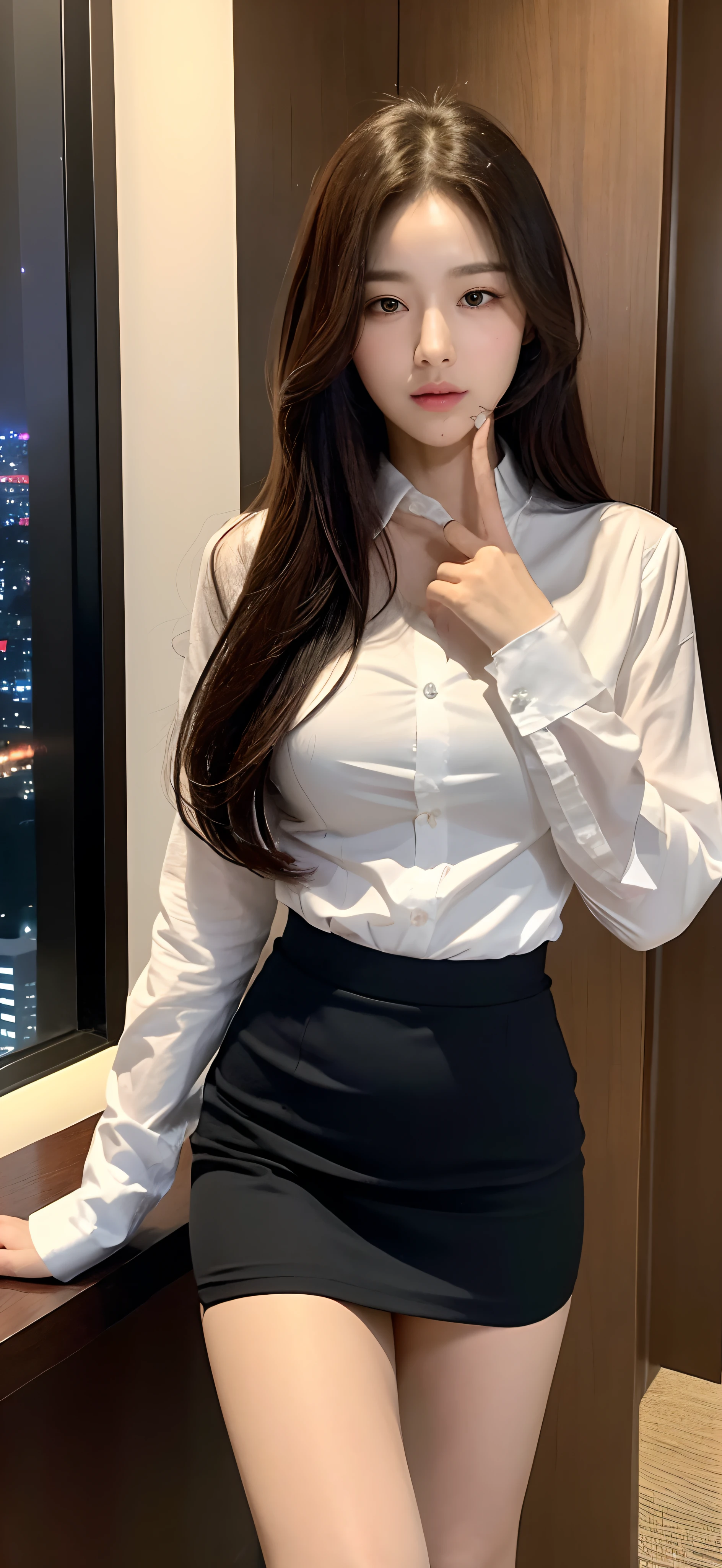 (Best Quality, 8K, Masterpiece, Ultra HD: 1.3), (K-Pop Idol: 1.6), 1 Pretty Girl, (Big: 1.2), (Long Hair), Abs, Perfect Figure, Ultra Fine Face, Delicate Lips, Beautiful Eyes, Double Eyelids, fine hands, Super fine finger, office wear, White Tight Shirt, Short skirt (Sultry) ((Aroused: 1.5)), night city view , Detailed , open shirt , luxury hotel five star,