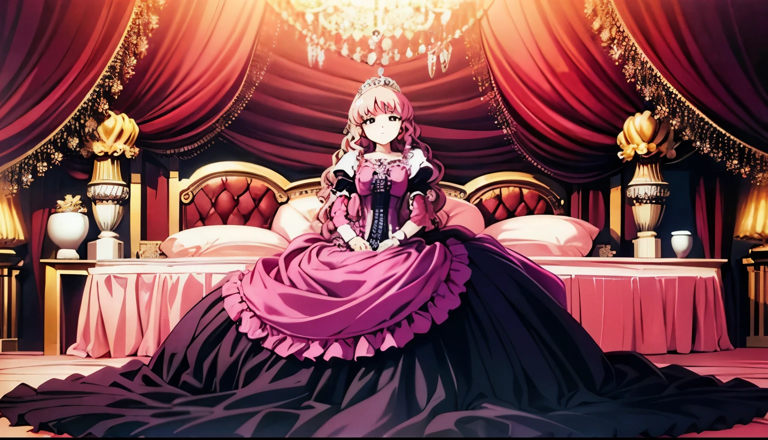 highest quality, masterpiece, highest resolution, artwork, super それにget used to it, many get used to it, get used to it, それにget used to it, romantic,woman, (()),the girl is a princess,((dark pink satin fabric)),pink victorian dress, ((Gorgeous princess rococo ball gown dress with voluminous full-length hoop skirt)),long sleeve,long dress,A dress with lots of frills and ribbons....,luxury,((Palace bedroom)),((huge victorian canopy bed)),silk pink bedspread with ruffles,many pillows on the bed,Fluffy pillow with ruffles,Girl is sitting on bed,luxurious ruffled pink curtains,