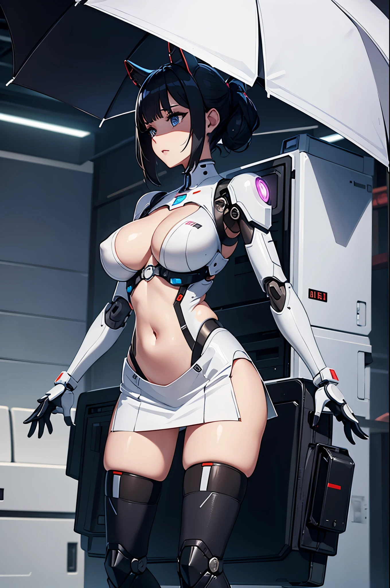 masterpiece, best quality, extremely detailed, (8K, 4K, Best Quality, hight resolution, 超A high resolution:1.1), 8k portrait, Japaese android Girl,Plump , announcer,control panels,android,Droid,Mechanical Hand, Robot arms and legs, Black Robot Parts,Black hair,Mechanical body,Blunt bangs,perfect mechanical abdomen,White robotics parts,perfect robot woman,future laboratory,cyber pank,charging spot,laboratory,long tube,thick cable connected her neck,ceramic body ,perfect mechanical body, white robot body,lod antenna,mechanical ear cover,android,robot humanoid,black sponge joints,The removable cover is in the groin,The connection port is in the groin,opened chest panel,access panel on the chest,opened breast panel,perfect mechanical breast,white machine body,white robot body,white ceramic breast,perfect plastic breast,She has repaired,assembly plant,miniskirt,leather  boots