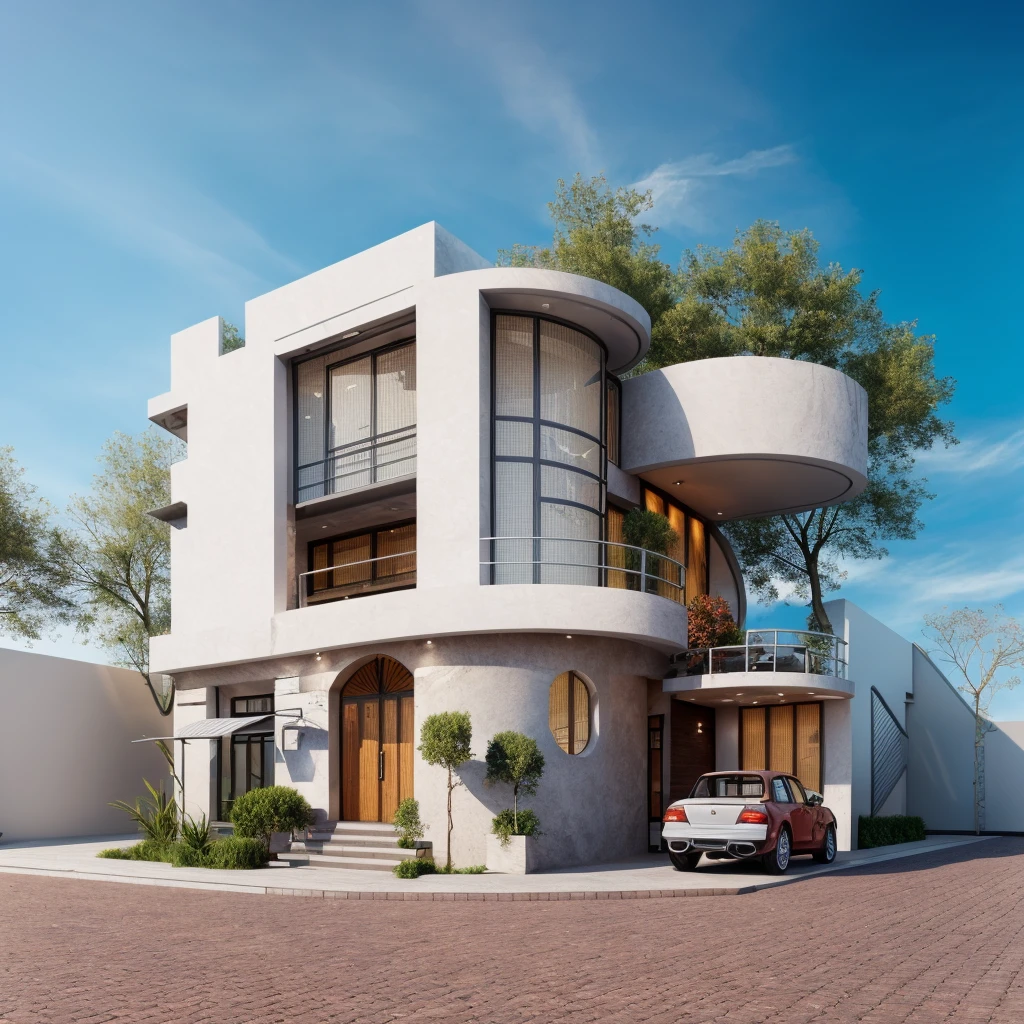 Exterior, morden house, sunset , (RAW photo, real, best quality, masterpiece:1.2), look morden minimalist, 1 road in front of the house, shime ring light, light brighteness from indoor:1.2, dynamic lighting:1.3, (hyper realistic, photo-realistic:1.2)