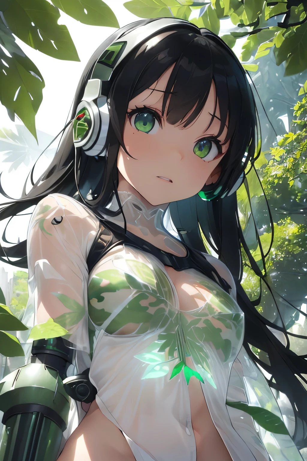 (Green-eyed girl),(green eyes that reflect white light:1.1),(Clear Eyes Concept Art:1.2),(Shines like the reflection of light in a photo),(Super detailed:1.3),(eye reflection:1.2),(Many leaves dance and spread across the screen.:1.4),(machine body:1.3),(Cyborg body:1.35),(android:1.3),(camouflage body:1.3),(headphones:1.4),(black hair:1.3),(blue sky:1.2),(Carrying a large number of heavily armed weapons:1.4),(gadoling gun:1.4),(skin is transparent:1.3),(NSFW:1.2),(perspective from below:1.3),