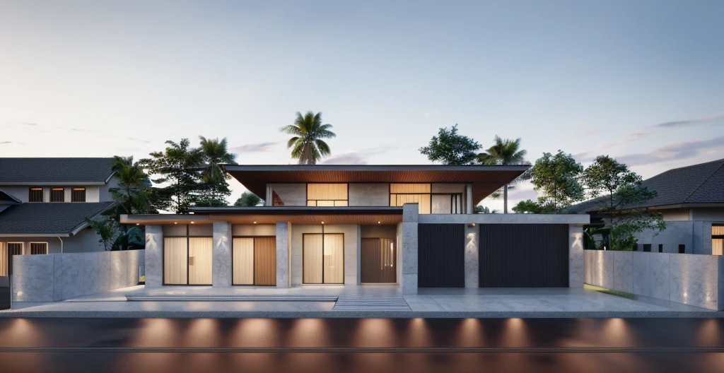 a view of a modern home with a large front yard, main material by white wall and stone and wood, 1 road runs in front of the house, (RAW photo, real, best quality, masterpiece:1.2), look morden minimalist, 1 road in front of the house, shime ring light, light brighteness from indoor:1.2, dynamic lighting:1.3, (hyper realistic, photo-realistic:1.2), high quality, day lighht, hight contrast :0.5 perfect lighting, archdaily, award winning contemporary, contemporary masterpiece, well-designed masterpiece, large modern residence, neotraditional modern, wide angle exterior 2022, midcentury modern, contemporary house, hip modern vibe, a long-shot from front, award winning modern design, stunning lines, residential, subtle detailing