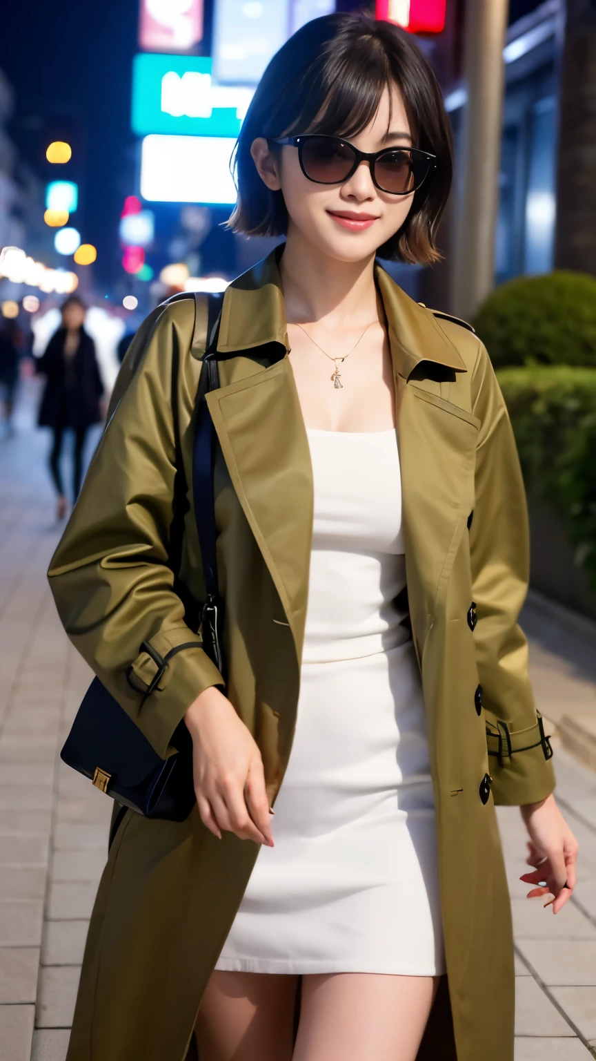 Best-quality, Masterpiece, Ultra-High-Resolution, (Photorealistic:1.4), Raw-Photo, at midnight, 1girl, the most popular Japanese idol, walking on street of HIROSHIMA, wearing luxurious-trench-coat and sunglasses with stylish design, grinning, extremely cute face like the most famous Japanese idol, extremely beautiful black-short-cut-haired, extremely beautiful lips, extremely beautiful realistic-skins, detailed street-of-HIROSHIMA, detailed luxurious-trench-coat, detailed sunglasses-with-stylish-design, detailed midnight