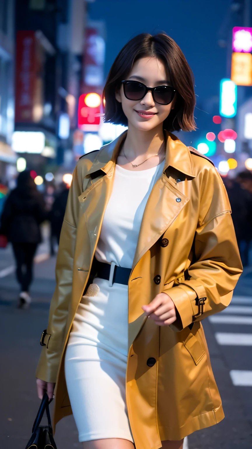 Best-quality, Masterpiece, Ultra-High-Resolution, (Photorealistic:1.4), Raw-Photo, at midnight, 1girl, the most popular Japanese idol, walking on street of HIROSHIMA, wearing luxurious-trench-coat and sunglasses with stylish design, grinning, extremely cute face like the most famous Japanese idol, extremely beautiful black-short-cut-haired, extremely beautiful lips, extremely beautiful realistic-skins, detailed street-of-HIROSHIMA, detailed luxurious-trench-coat, detailed sunglasses-with-stylish-design, detailed midnight