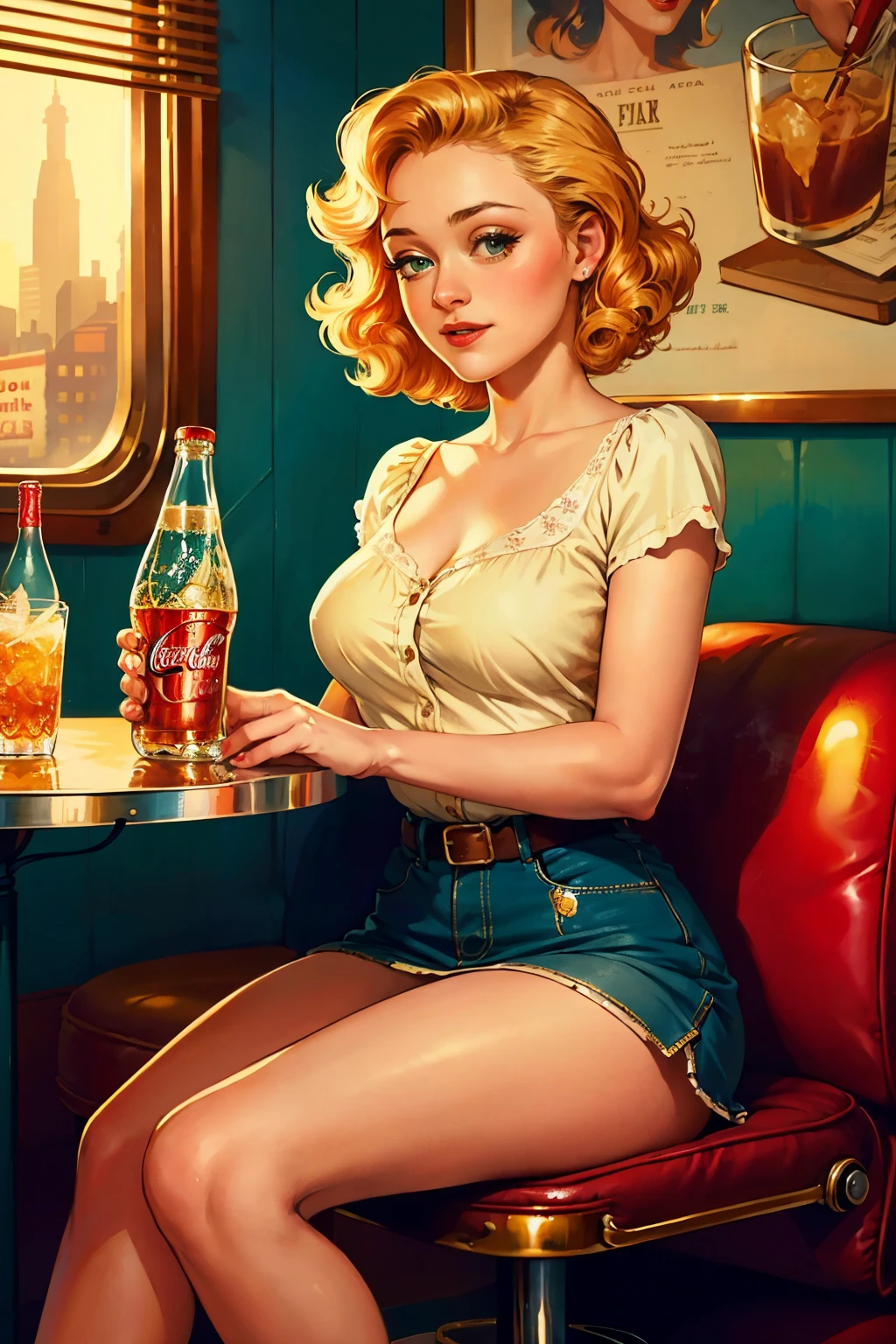In this vintage-inspired scene, an enchanting image of Dakota Fanning emerges, captured in a moment of playful relaxation. Wearing a tantalizingly short mini-skirt and her hair styled in loose curls, she sits at a retro diner table. With a sultry expression, she takes a long sip from a classic glass bottle of Coke, its golden liquid reflecting the warm glow of the nearby pin-up art adorning the walls. The artistry of the scene is magnified in 4k UHD, every detail crisp and vibrant. The air is filled with the delightful, nostalgic smell of old-fashioned soda, and a soft
