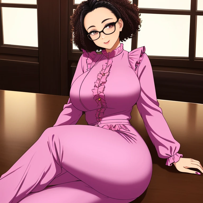 table top, highest quality:1.2),detailed face, Detailed inner corner of the eye、Glasses、Very short-haired、curly hair、habitual hair、Afro、Forehead、big breasts, Sexy ass, Pink jumpsuit、whole, wide pants、frills、ribbon