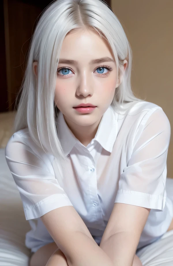 １４Caucasian model at the age, Lying on the bed写真,（(Clean clothes)), wearing school uniform, Natural light, Pretty Caucasian Woman, white hair, A sloppy smile, (8K, Live shooting, highest quality, masterpiece: 1.2), masterpiece, super detail, , High-definition RAW color photo, , , , , , highly detailed eyes, realistic skin texture, highly detailed fingers, very detailed nose, highly detailed mouth, , Lying on the bed, , See-through feeling、Transparent processing、wearing school uniform、, White hair, Blue eyes, masterpiece, realistic skin texture, , shiny hair and white skin, 、 natural skin texture,  A young woman who looks like a girl,  Photo above the knee、Blue eyes,  、lowered eyebrows,  innocent face,  Eyes that look gentle,  natural skin texture, round face,  Kind eyes, long and pure white beautiful hair、, small face,  No decorations attached,  white, drooping eyebrows,  Mont Blanc, white, drooping eyebrows、Eyes with sparkle