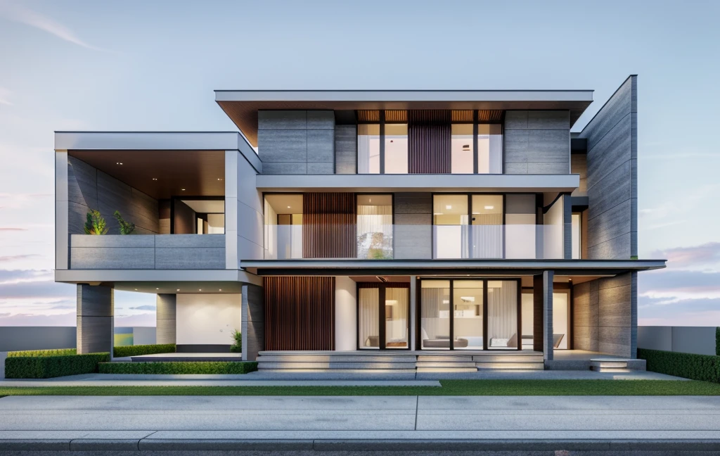 Realistic, vray realistic, contrast:1.1, 8k uhd, morden townhouse, road infront of house, wood ceilling:1.4, (high detailed skin:1.3), soft lighting, fade light, hight shadow, blue sky:1.5, ultra quality, film grain, Fujifilm XT3, sharp image, best quality, authentic, hight quality