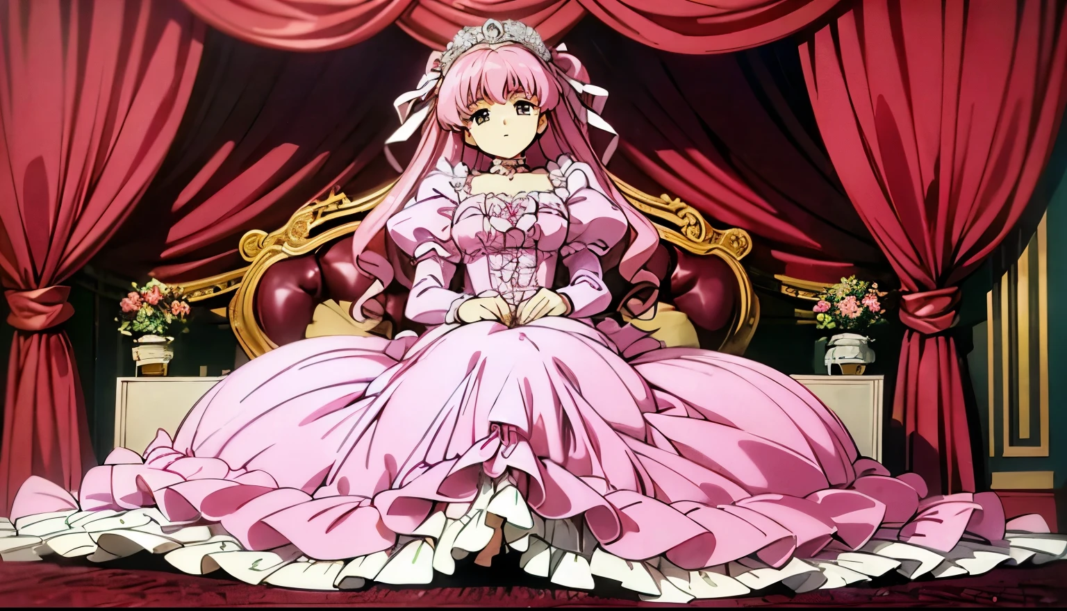 highest quality, masterpiece, highest resolution, artwork, super それにget used to it, many get used to it, get used to it, それにget used to it, romantic,woman, (()),the girl is a princess,((dark pink satin fabric)),pink victorian dress, ((Gorgeous princess rococo ball gown dress with voluminous full-length hoop skirt)),long sleeve,long dress,A dress with lots of frills and ribbons....,luxury,((Palace bedroom)),((huge victorian canopy bed)),silk pink bedspread with ruffles,many pillows on the bed,Fluffy pillow with ruffles,Girl is sitting on bed,luxurious ruffled pink curtains,