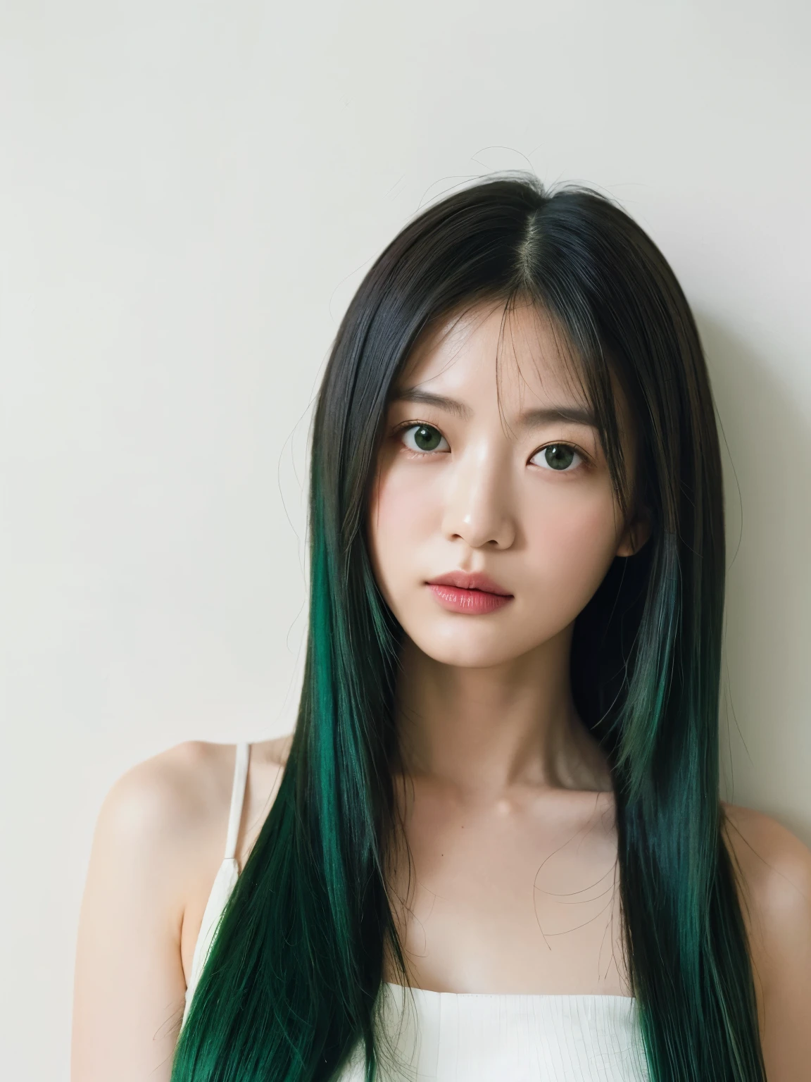 See-through tops、(背景にwhite wall、Part of her hair is emerald green:1.4)、white wall、Taken in front of the white door、(窓のあるwhite wallの部屋)、((highest quality、8K、masterpiece:1.3))、ultra high resolution、(photorealistic:1.4)、raw photos、Japanese,(details face)、real、Shot in natural light、Highly detailed face and skin texture、highly detailed lips、correct state of the human body、medium hair、black hair、various poses、natural color lip