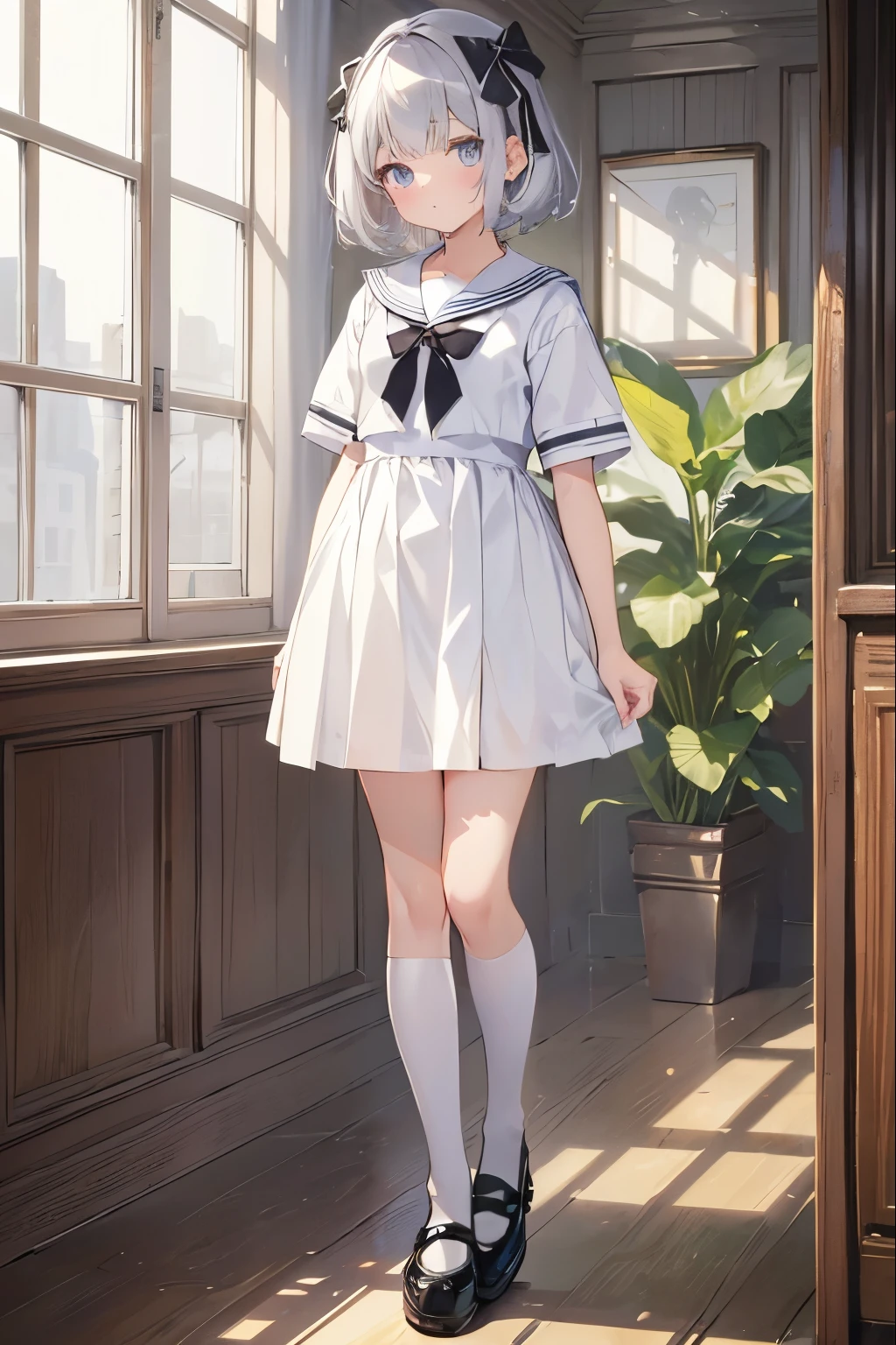 (highest quality、4K、High resolution、masterpiece)、silver hair、short hairstyle、Big eyes、young girl、Soft smile、sailor suit、Black shoes、white stockings、前面にwhole body写真、whole body、((Are standing))、one girl、((I don't need a ribbon))