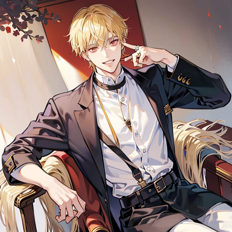 blonde anime guy sitting on a chair,red eyes,Put your hands on your face, White Half Button Shirt, handsome anime pose, Blonde madman,grin,Nihilistic smile, Tall anime guy with red eyes, put your hand on your cheek, ring