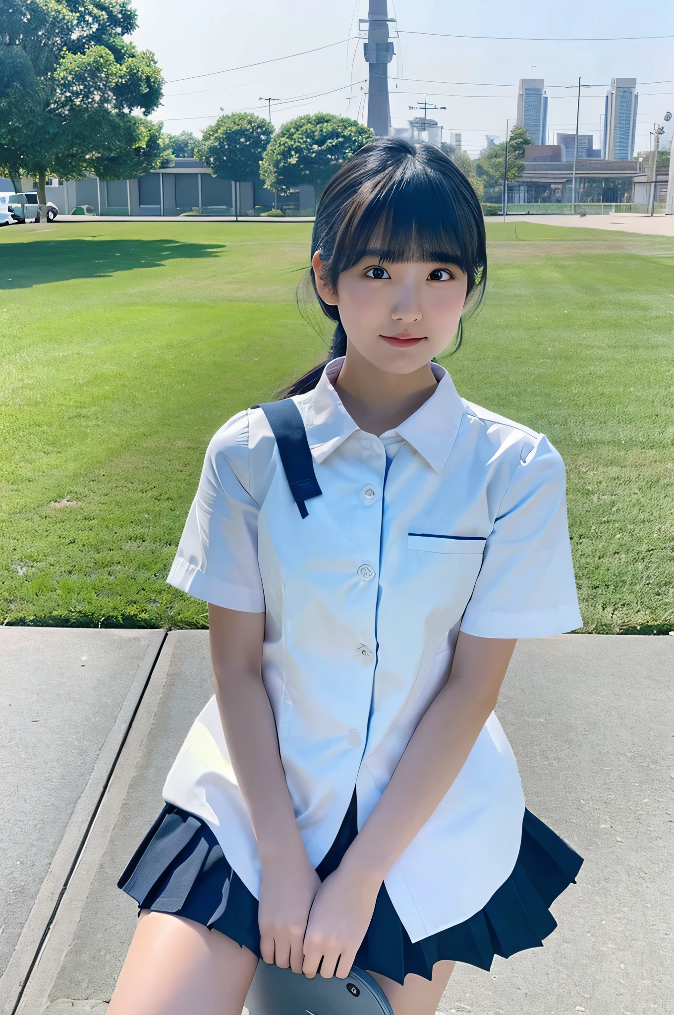 An 18-year-old high school girl wearing a white shirt and light blue miniskirt uniform...(black hair straight)