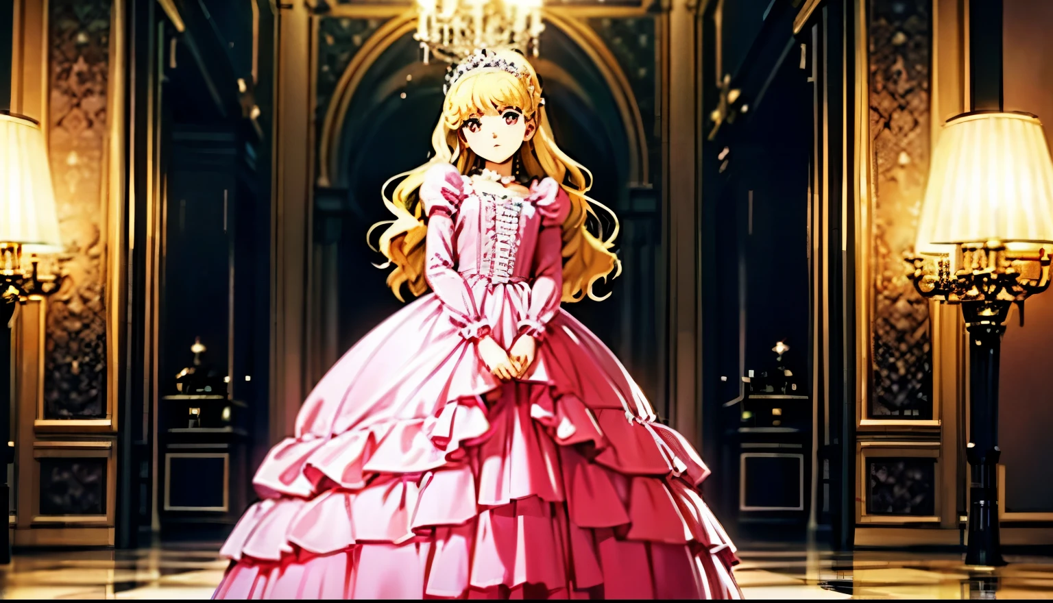 highest quality, masterpiece, highest resolution, artwork, super become familiar with, many be familiar with, be familiar with, become familiar with, romantic,woman, (),the girl is a princess,pink victorian dress, ((Gorgeous princess rococo ball gown dress with voluminous full-length hoop skirt)),long sleeve,long dress,A dress with lots of frills and ribbons,luxury,palace,Satin fabric dresses!,!blonde long hair,