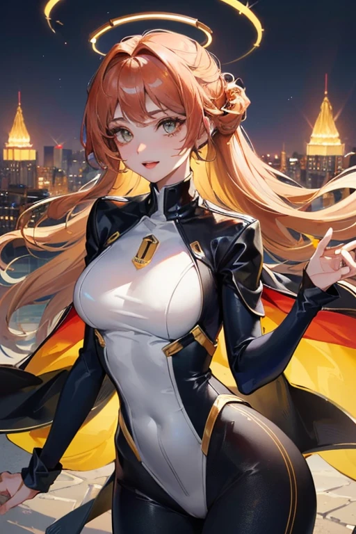 (Masterpiece: 1.5, best quality, high resolution: 1.3, super resolution, super detailed, ultra detailed: 1.3, rich background: 1.2, 1 woman)) pale skin + reddish hair + fluffy curly hair + amber eyes + long eyelashes + female body + medium chestb+ wide hips + thick thighs (neoprene suit with spider web designs, has a neckline on the chest with a golden gem embedded in it, Golden halo behind her head, She has halos of golden light on her wrists) ((smiles , raised in the air, city in the background illuminated by lights, golden light from halos in gold)) (colors for clothing and accessories: white, gold, navy blue, silver)