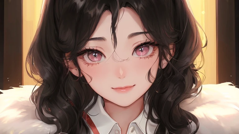 portrait of a cute 28 year old American girl , on a Discord video call, thick wavy black hair, smirking, long eyelashes,
 torso, facing viewer, 8k, super detail, best quality, 1080P, 1080P, 1080P, 4K, 8k, 16k, HD, 1080P