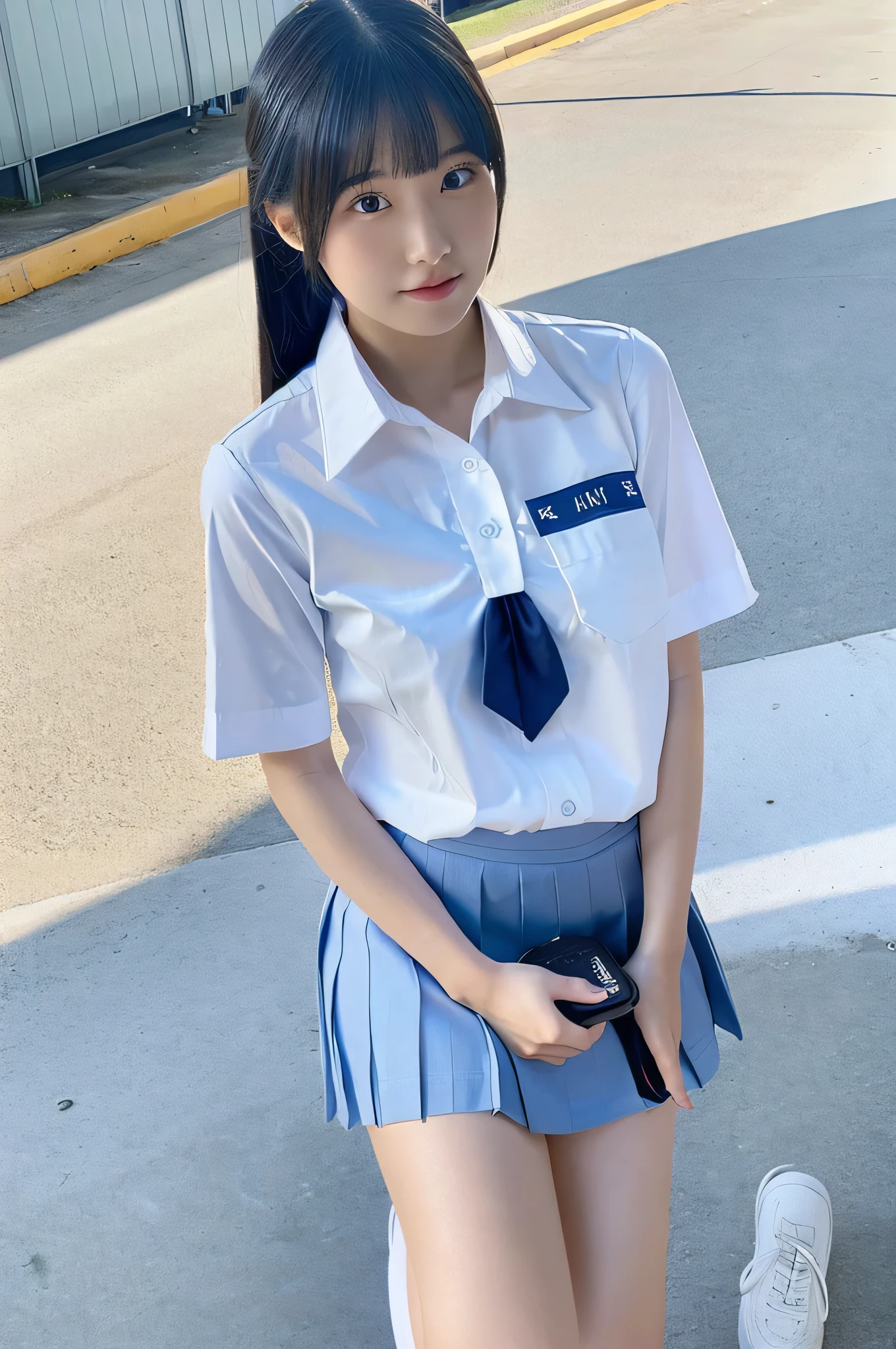 An 18-year-old high school girl wearing a white shirt and light blue miniskirt uniform...（black hair straight）