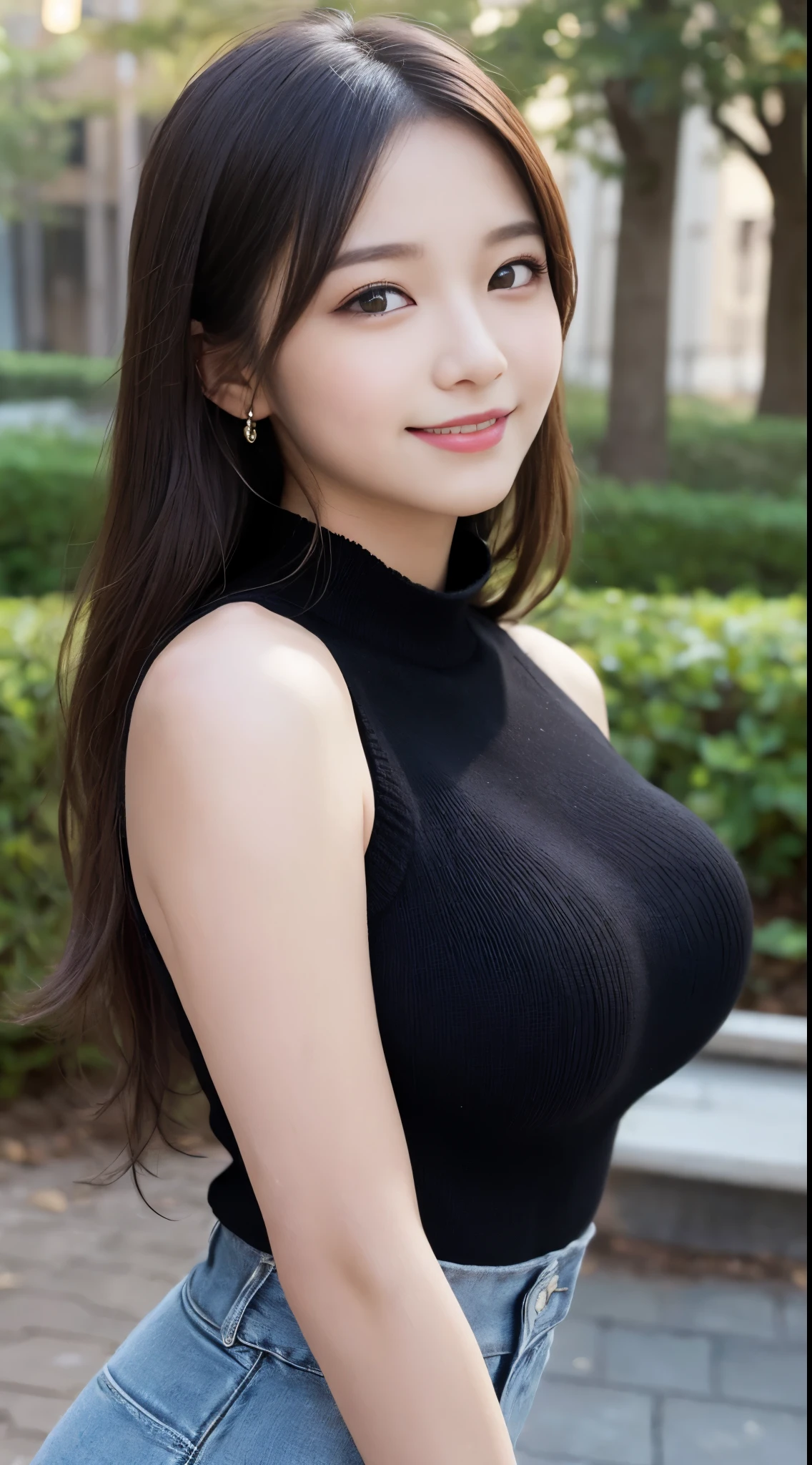 masutepiece、Best Quality、Illustration、 ultra-detailliert、hight resolution、8K Wallpapers、Perfect dynamic composition,、Beautiful detailed eyes、long Hair、(Beautiful Large Breasts:1.3)、Natural Color Lip、Bold sexy poses、Smile、20 years girl、Cute、Sexy shot looking at camera、(top-quality: 1.3), (masterpiece: 1.3), (Super Detail: 1.3), (wall-paper, one girls: 1.1)、(Detailed hands and fingers:1.2)、(Detailed ultra-oily shiny skin:1.1)、oily shiny thighhigh、(Perfect beautiful black sleeveless high neck knit top:1.4)、Denim long、black hair, long-hair、bouncing hair、Beautiful sister、(a park:1.2)、(Beautiful Large Breasts:1.2) 、((lie on back)),Raising arms