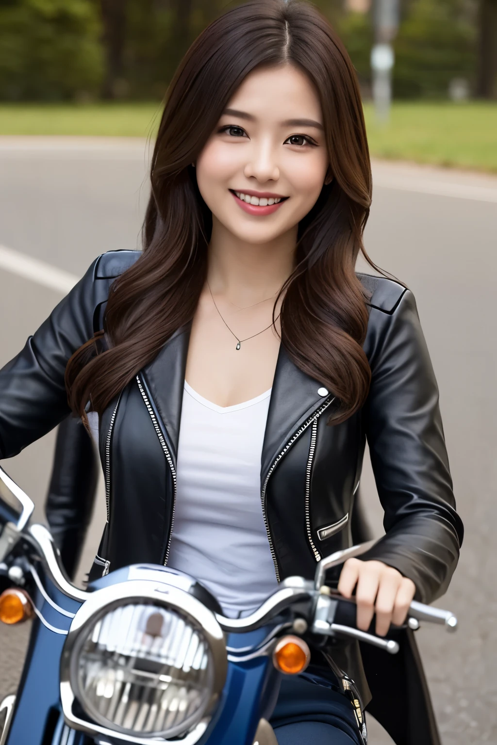 ((best quality)), ((muste piece)), (Detailed Motorcycle), smile、adult woman and motorcycle
