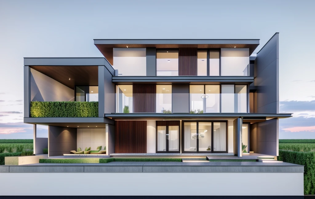 Realistic, vray realistic, contrast:1.1, 8k uhd, morden townhouse, road infront of house, wood ceilling:1.4, (high detailed skin:1.3), soft lighting, fade light, hight shadow, blue sky:1.5, ultra quality, film grain, Fujifilm XT3, sharp image, best quality, authentic, hight quality