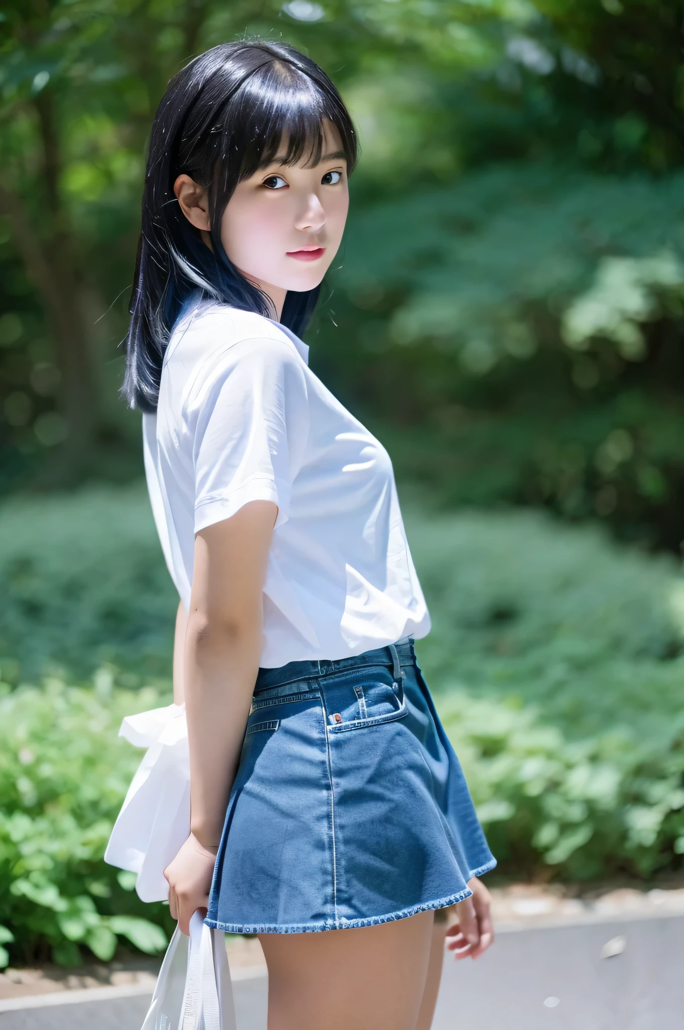 18 year old schoolgirl in white shirt and light blue miniskirt..(black hair straight)