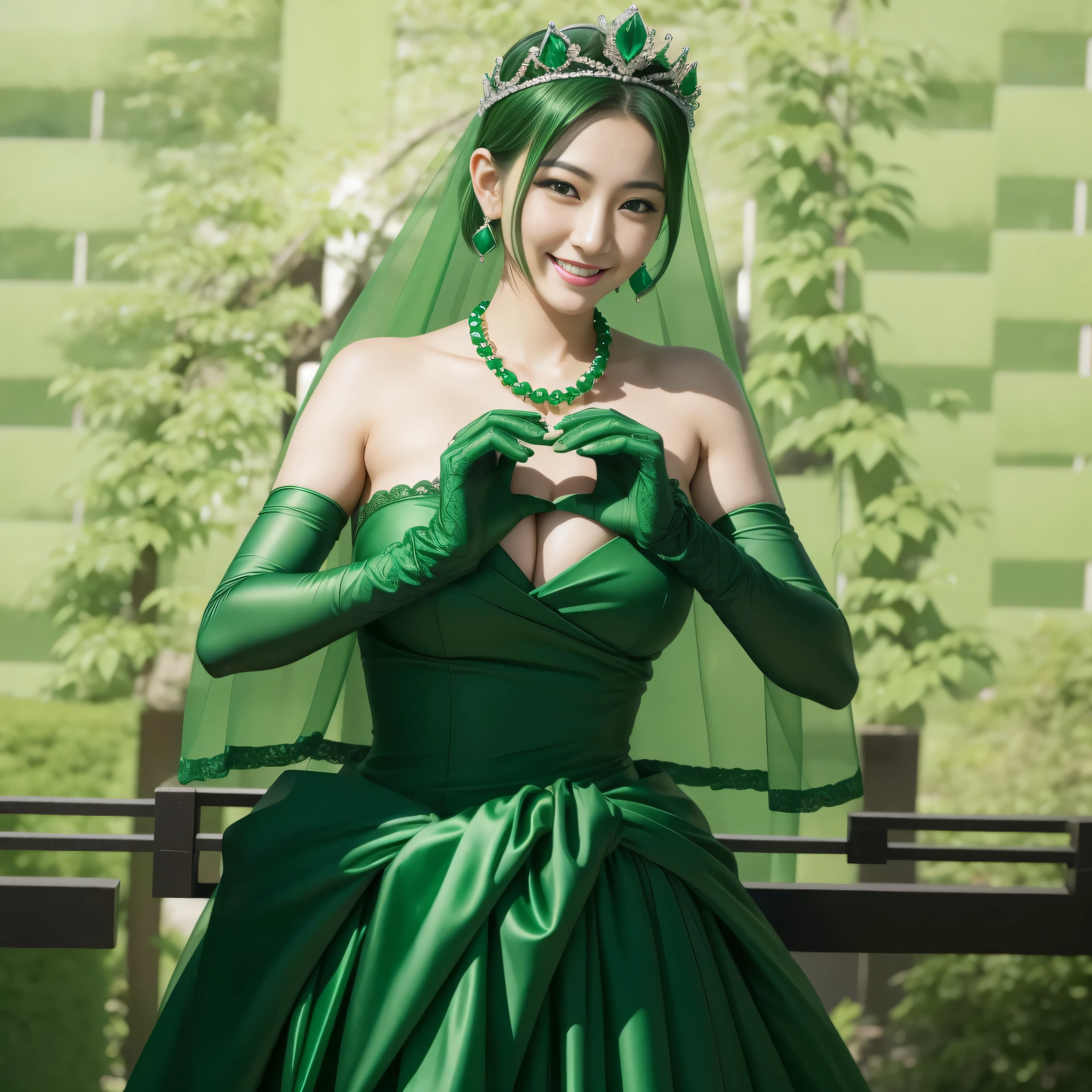 emerald tiara, green pearl necklace, ボーイッシュな非常に短いgreen hair, lipstick, smiling Japanese woman, very short hair, Beauty with large breasts, green eyes, Long Green Satin Gloves, green eyes, emerald earrings, green veil, heart with both hands, green hair, Beautiful Japan woman in her 30s