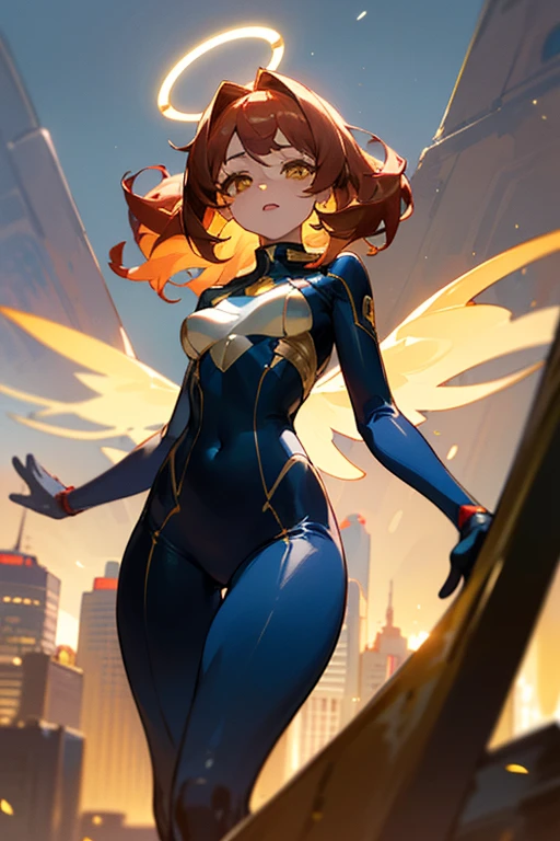 (Masterpiece: 1.5, best quality, high resolution: 1.3, super resolution, super detailed, ultra detailed: 1.3, rich background: 1.2, 1 woman)) pale skin + reddish hair + fluffy curly hair + amber eyes + long eyelashes + female body + medium chestb+ wide hips + thick thighs (neoprene suit with spider web designs, has a neckline on the chest with a golden gem embedded in it, Golden halo behind her head, She has halos of golden light on her wrists) ((smiles , raised in the air, city in the background illuminated by lights, golden light from halos in gold)) (colors for clothing and accessories: white, gold, navy blue, silver)