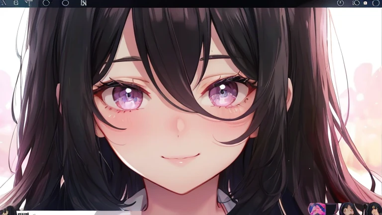 portrait of a cute 28 year old American girl , on a Discord video call, thick wavy black hair, smirking, long eyelashes,
 torso, facing viewer, 8k, super detail, best quality, 1080P, 1080P, 1080P, 4K, 8k, 16k, HD, 1080P