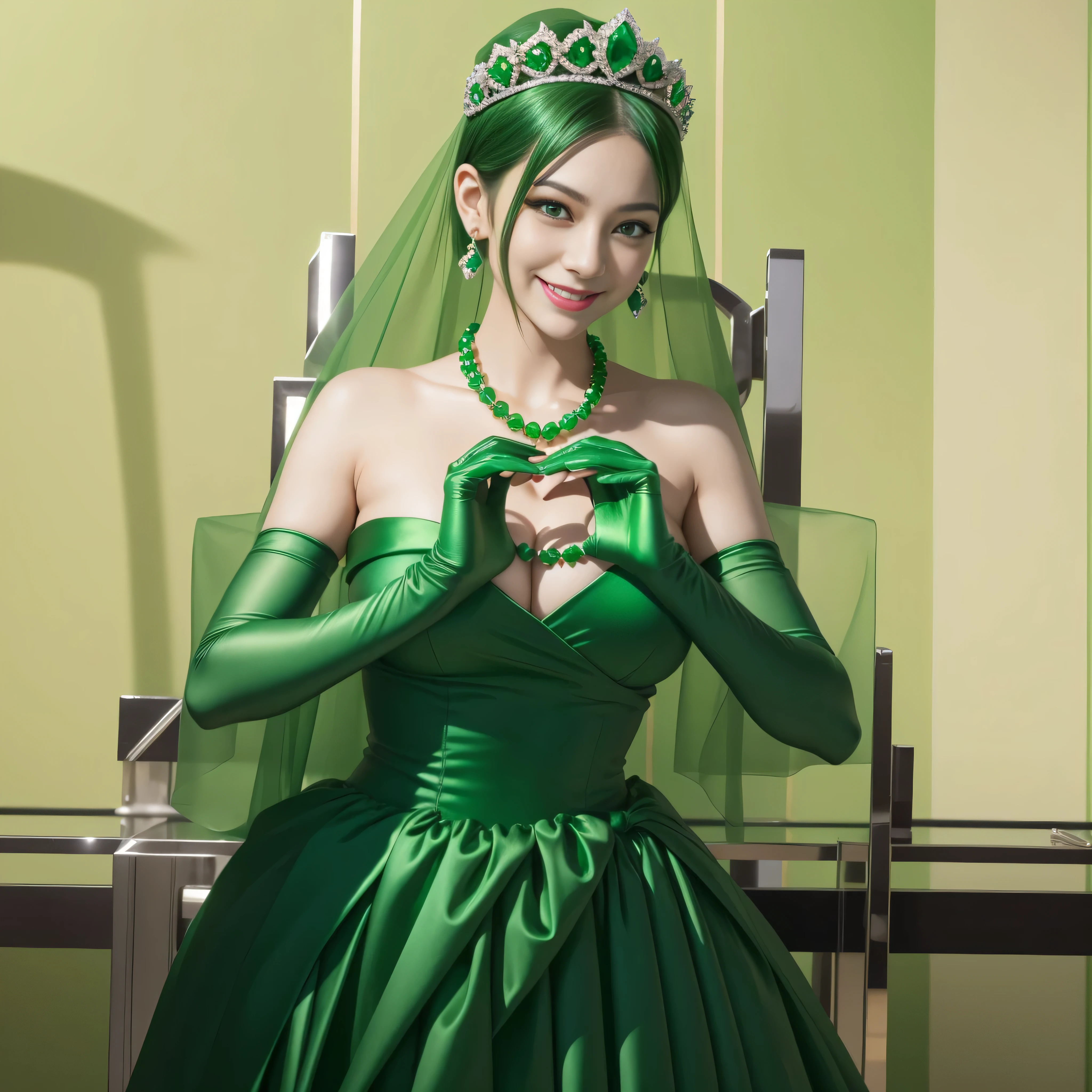 emerald tiara, green pearl necklace, boyish very short green hair, lipstick, smiling Japanese woman, very short hair, Beauty with large breasts, green eyes, Long Green Satin Gloves, green eyes, emerald earrings, green veil, heart with both hands