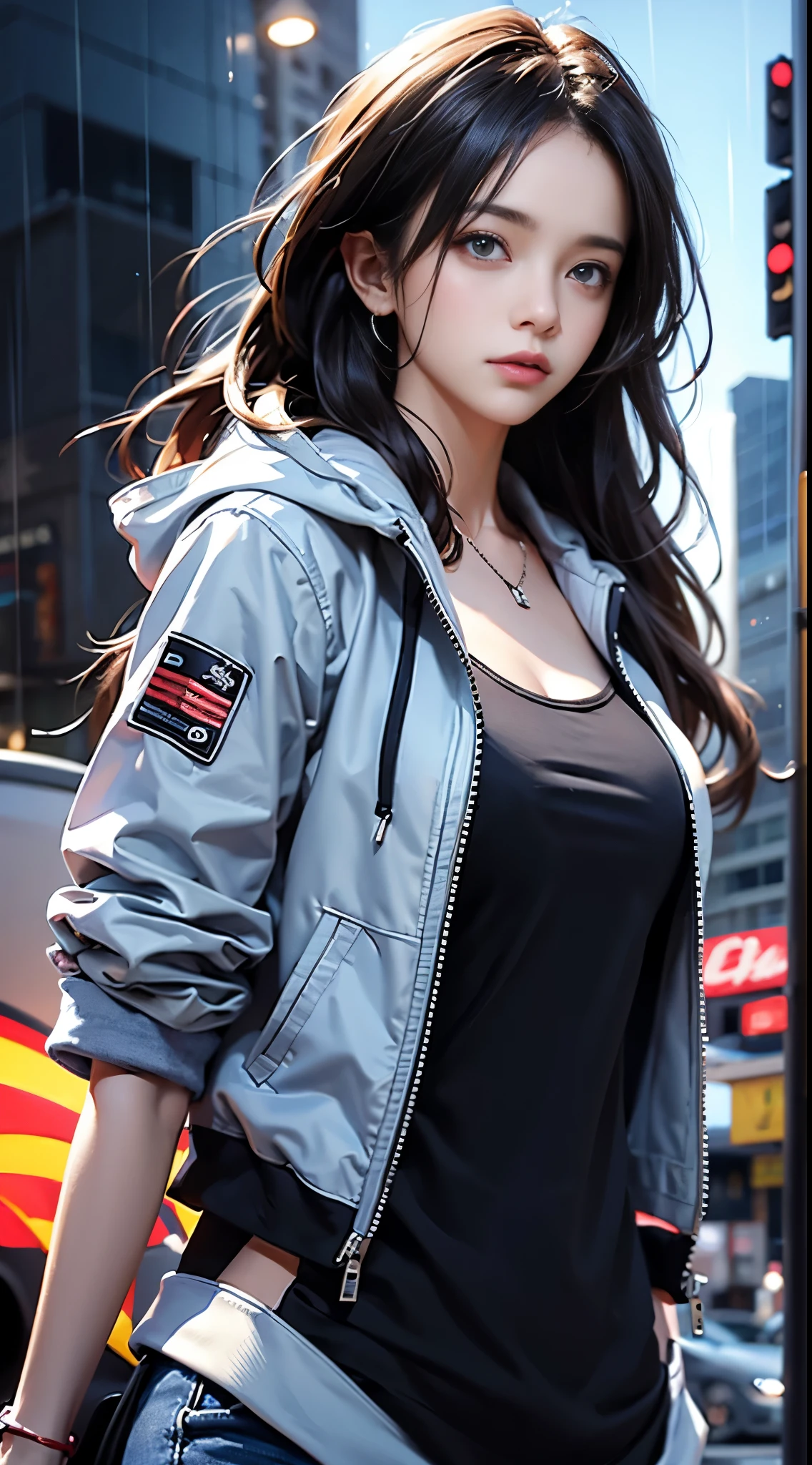 1girl, jacket, rain, outdoor, hoodie, open jacket, chain, backpack, looking at another, messy hair, trending on artstation, 8k resolution, highly detailed, anatomically correct, sharp image, digital painting, concept art, trending on pixiv, style of makoto shinkai,