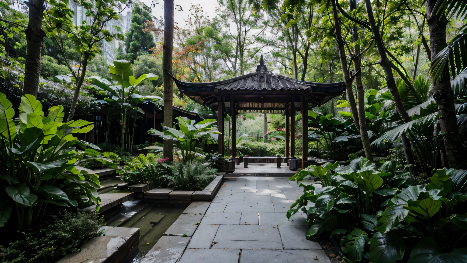 tropical garden, combination of trees, decoration, ecology, sunlight, forest, RAW photo, (high detailed skin:1.2), 8k UHD, DSLR, soft lighting, high quality, film grain, Fujifilm XT3