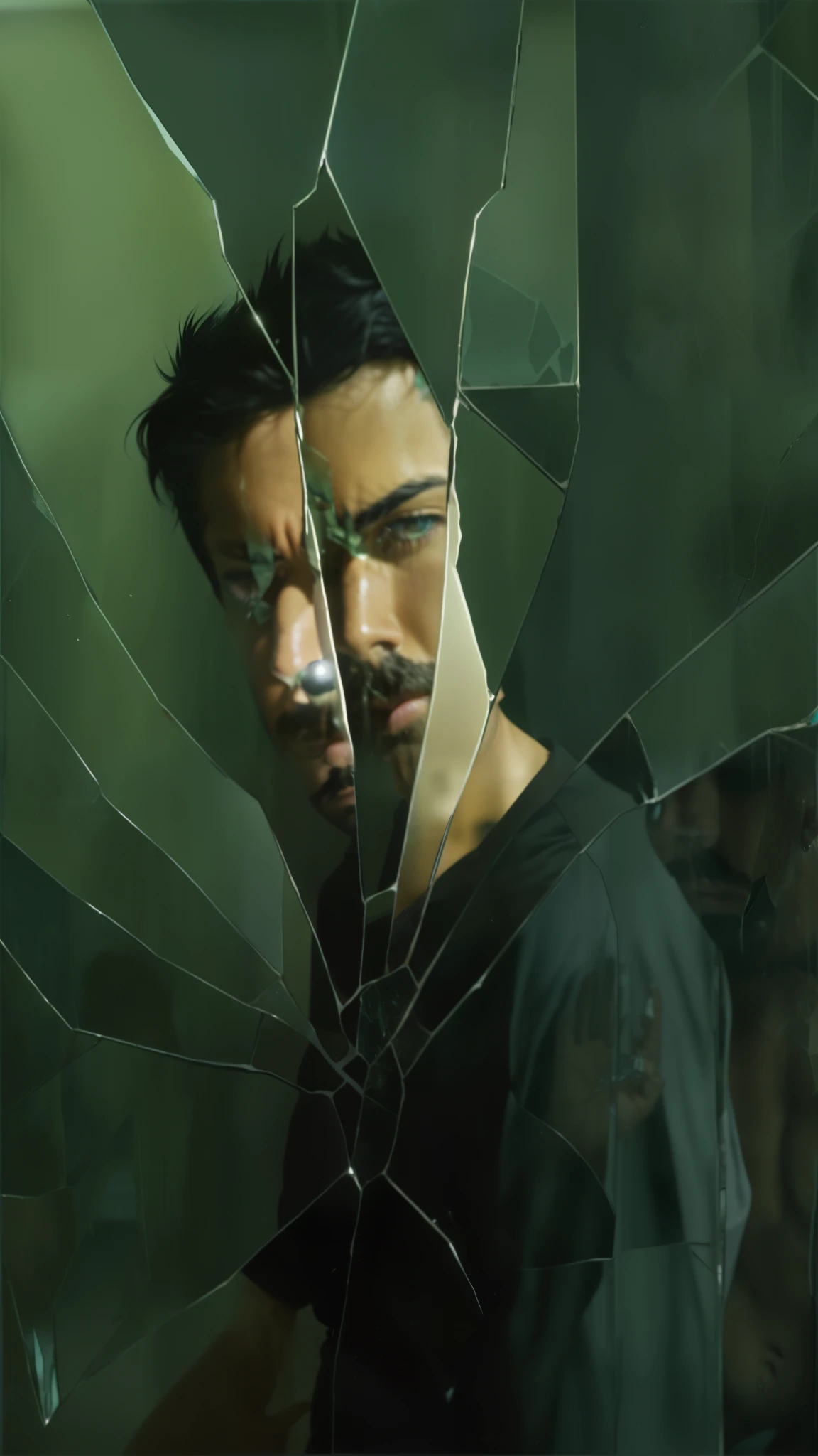 faaris azura with a broken glass window, faaris azura looking into broken mirror, textless, cracked mirror, shattered glass, faaris azura seen through broken glass, faaris azura from the matrix, 