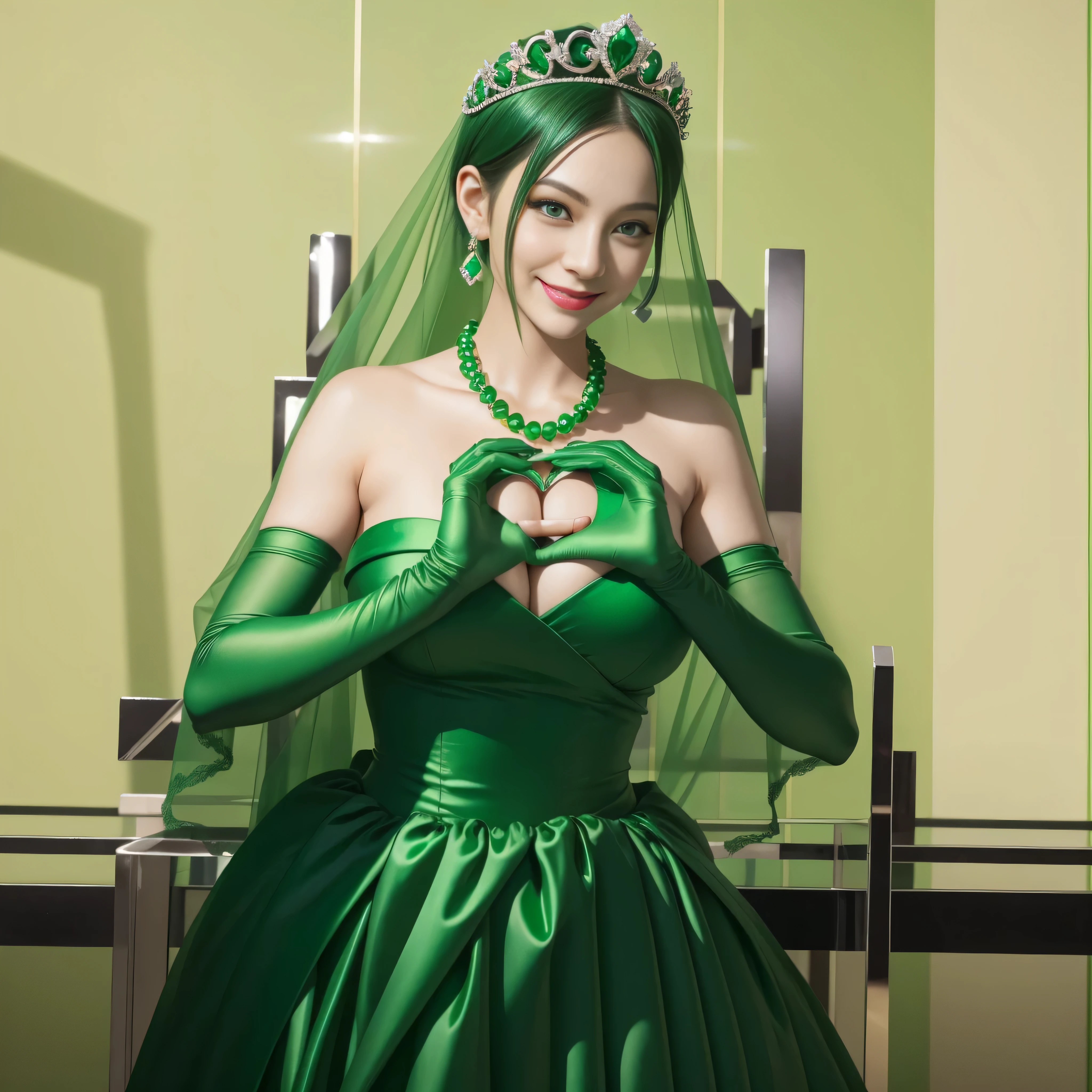 emerald tiara, green pearl necklace, boyish very short green hair, lipstick, smiling Japanese woman, very short hair, Beauty with large breasts, green eyes, Long Green Satin Gloves, green eyes, emerald earrings, green veil, heart with both hands