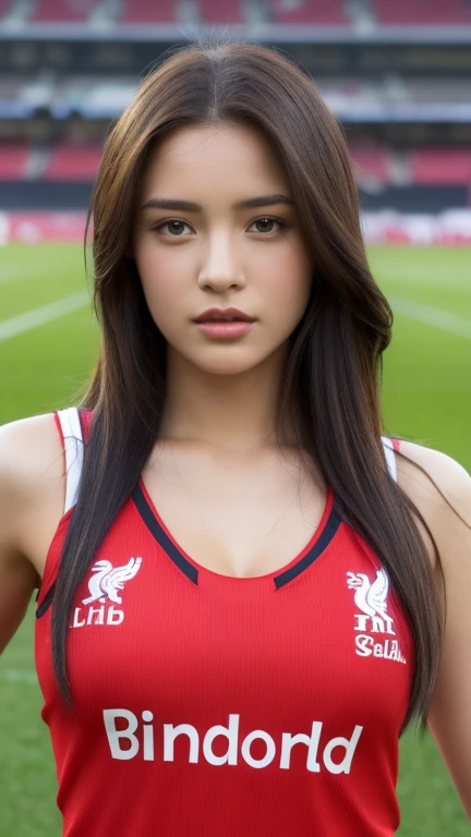 （realistic， high resolution：1.3）， 1 girl with a perfect body， Very detailed face and eyes，long hair， (red tank top：Liverpool Football Club player shirt 1.2)， short jeans， big girl，Revealing the cleavage, soccer ball in hand,(environment,Football Field)