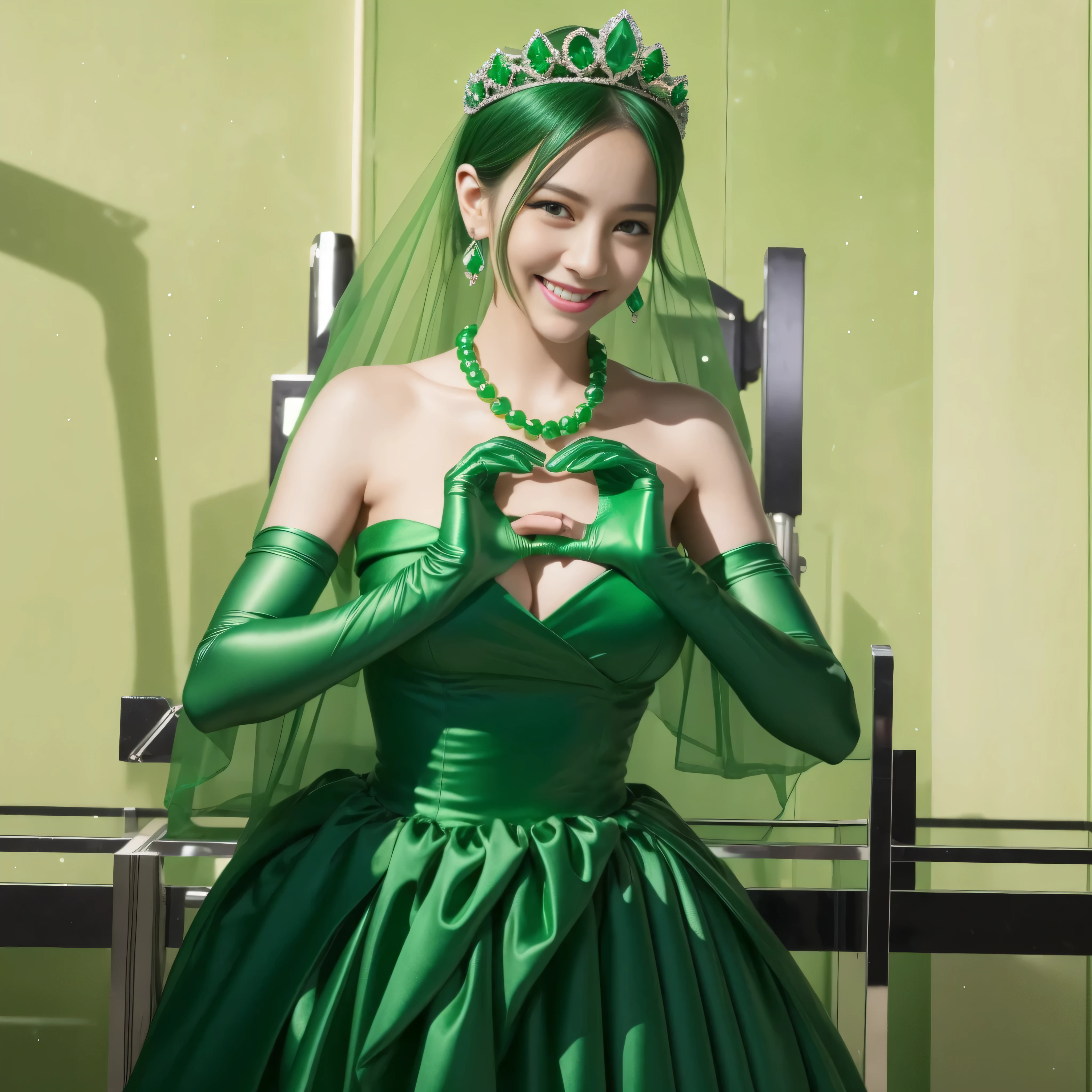 emerald tiara, green pearl necklace, boyish very short green hair, lipstick, smiling Japanese woman, very short hair, Beauty with large breasts, green eyes, Long Green Satin Gloves, green eyes, emerald earrings, green veil, heart with both hands