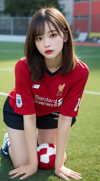 exquisite details, high resolution, High quality、Perfect dynamic composition, Beautifully detailed eyes, medium hair, small tits、natural lip color,Kamimei、Shibuya、20 year old girl、1 person、Clear skin、fluorescent hair、table top, best quality, illustration, Very detailed, exquisite details, high resolution, 8ก、The correct state of the human body.、crouch down、Pose pattern engraving,I soared in the wind. (soccer ball in hand) ,(environment,Football Field) ,(Liverpool FC shirt, Red Shirt), (Random shorts)