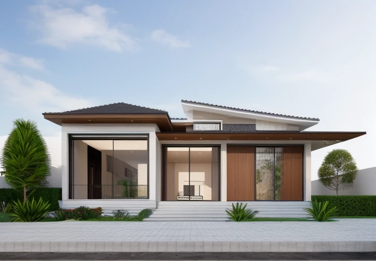 1 main wood door, many glass door, concrete, wood wall,white, modern villa, palm, plant, beautiful sky, wood facade, architecture, beautiful, masterpiece, best quality, super detailed, realistic, photorealistic, 8k, sharp focus, droste effect photography, macro photography