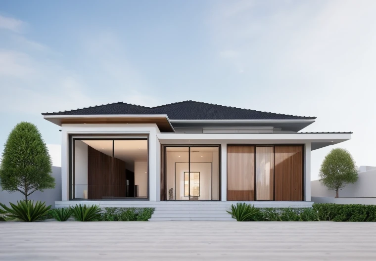 1 main wood door, many glass door, concrete, wood wall,white, modern villa, palm, plant, beautiful sky, wood facade, architecture, beautiful, masterpiece, best quality, super detailed, realistic, photorealistic, 8k, sharp focus, droste effect photography, macro photography